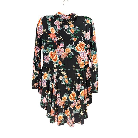 For The Republic Women's Black W/ Floral Hi/Low Hem Long Slv Button Front Top L - Picture 2 of 8